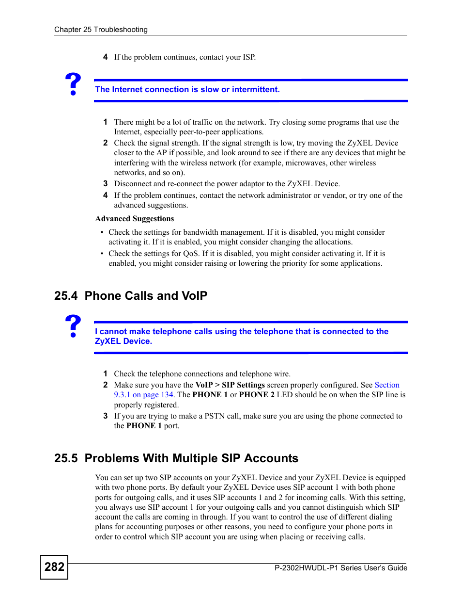 4 phone calls and voip, 5 problems with multiple sip accounts, Phone calls and voip | Problems with multiple sip accounts | ZyXEL Communications Network Device P-2302 User Manual | Page 282 / 359