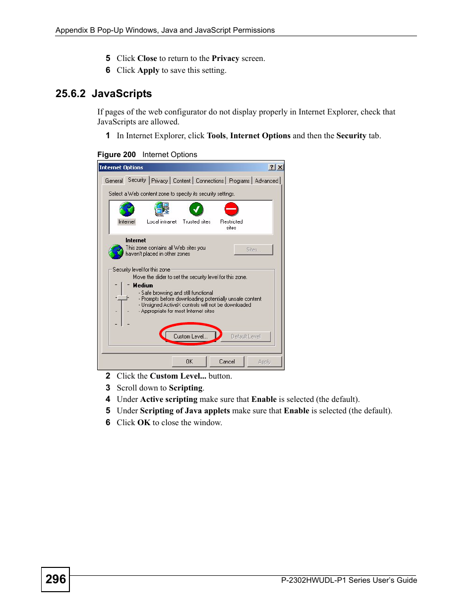 2 javascripts, Figure 200 internet options | ZyXEL Communications Network Device P-2302 User Manual | Page 296 / 359