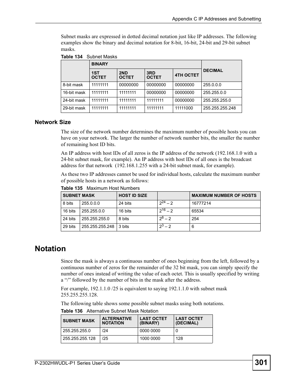 Notation, Network size | ZyXEL Communications Network Device P-2302 User Manual | Page 301 / 359