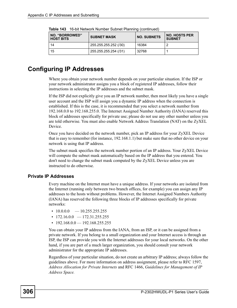 306 configuring ip addresses | ZyXEL Communications Network Device P-2302 User Manual | Page 306 / 359