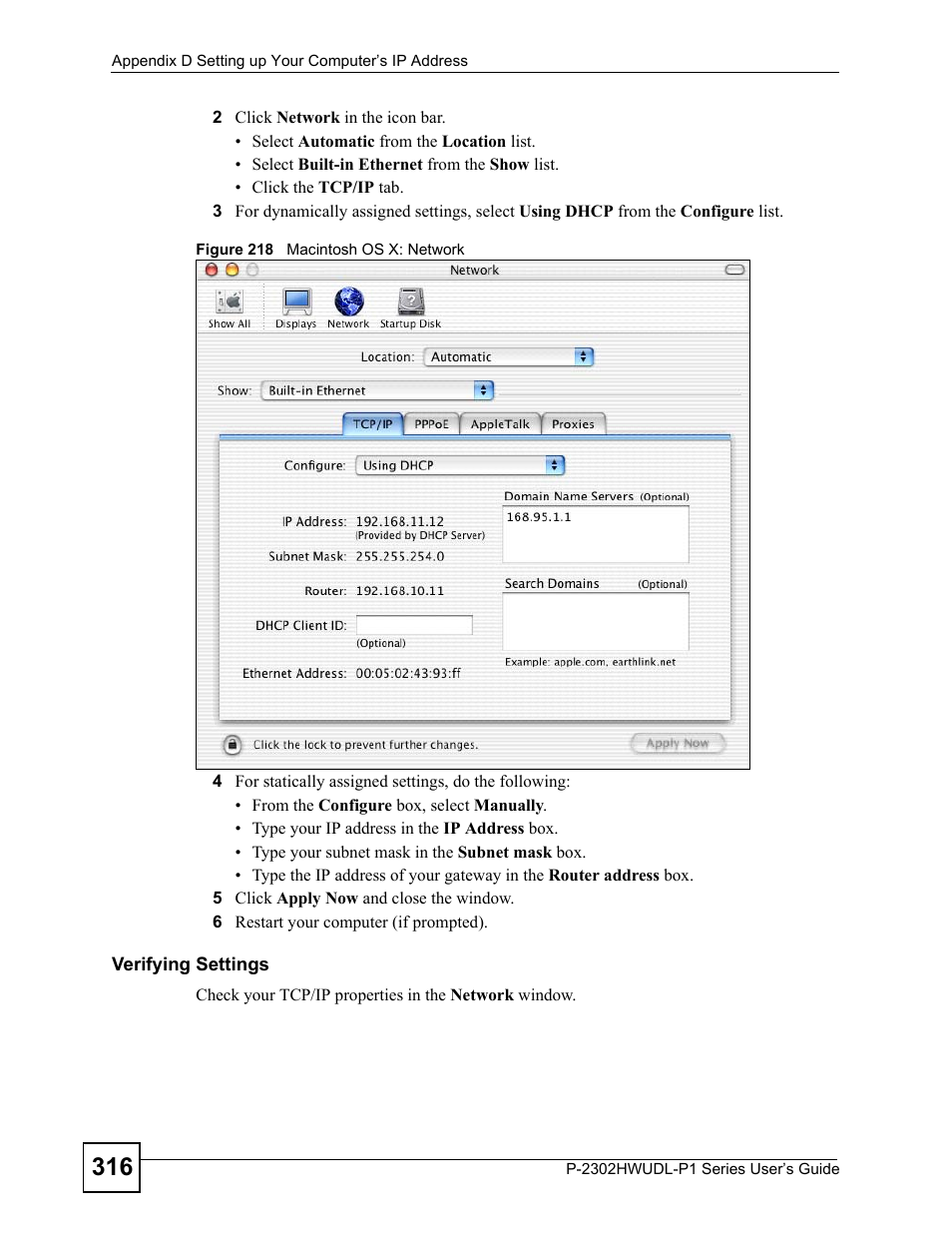 Figure 218 macintosh os x: network | ZyXEL Communications Network Device P-2302 User Manual | Page 316 / 359