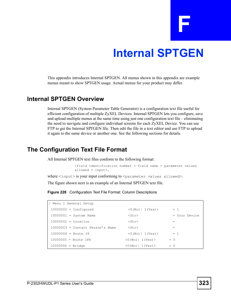 Internal sptgen, Appendix f internal sptgen, Internal sptgen (323) | ZyXEL Communications Network Device P-2302 User Manual | Page 323 / 359