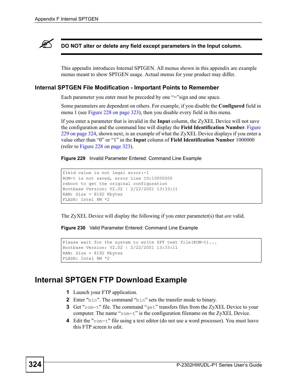 Internal sptgen ftp download example | ZyXEL Communications Network Device P-2302 User Manual | Page 324 / 359