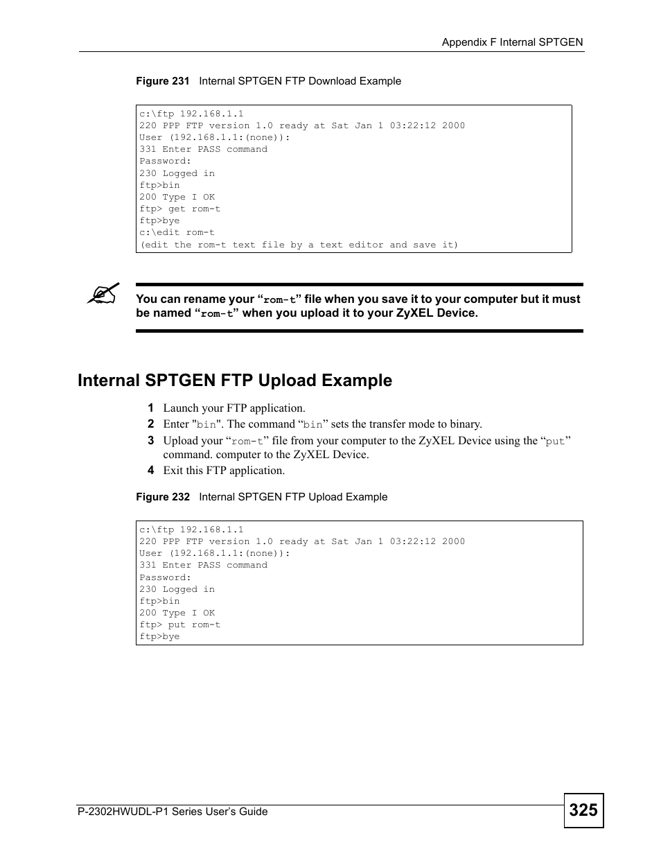 Internal sptgen ftp upload example | ZyXEL Communications Network Device P-2302 User Manual | Page 325 / 359