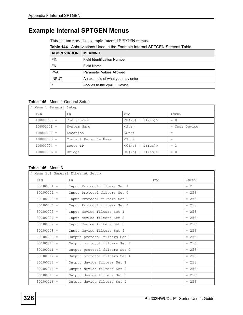 326 example internal sptgen menus | ZyXEL Communications Network Device P-2302 User Manual | Page 326 / 359