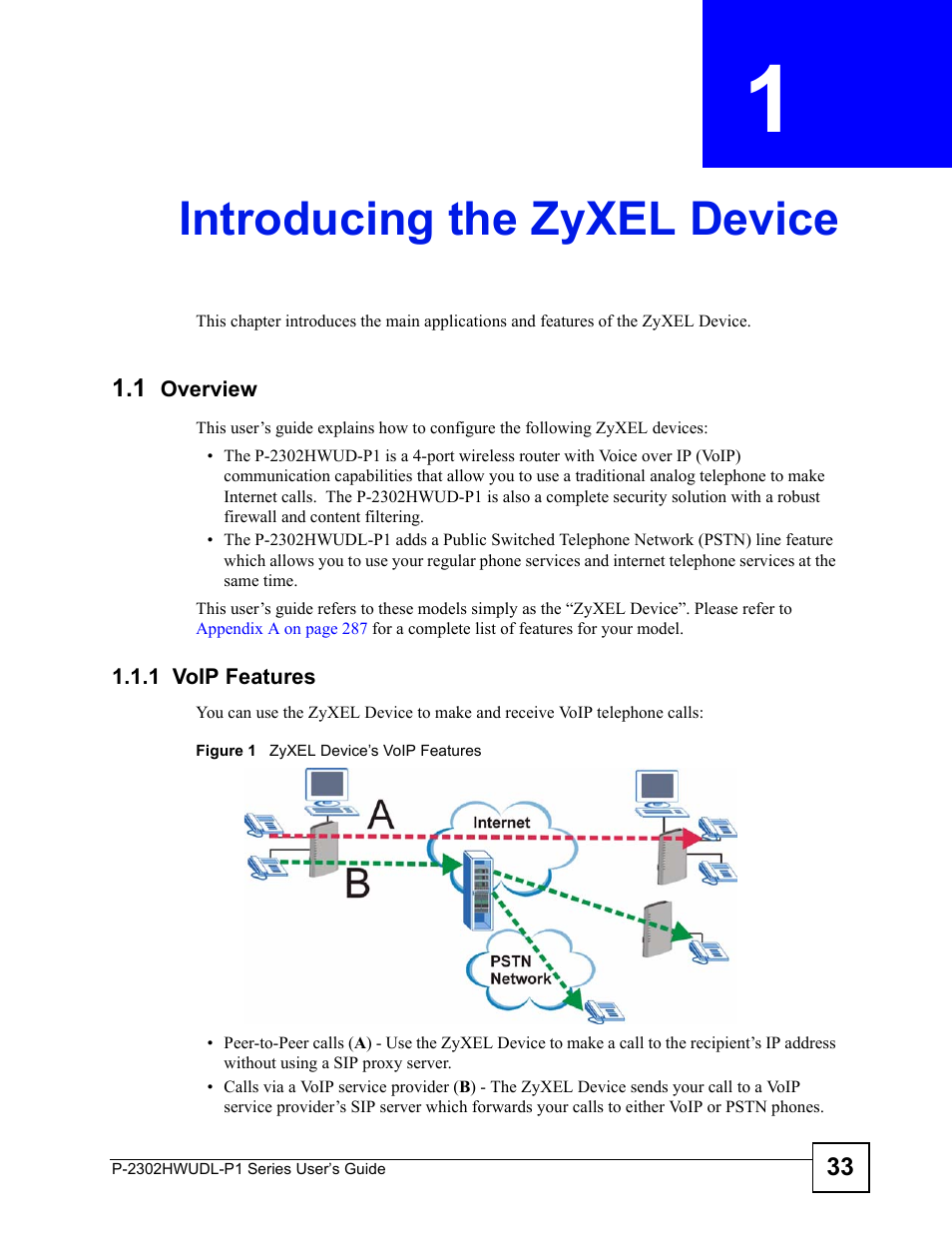 Introducing the zyxel device, 1 overview, 1 voip features | Chapter 1 introducing the zyxel device, Figure 1 zyxel device’s voip features, Introducing the zyxel device (33) | ZyXEL Communications Network Device P-2302 User Manual | Page 33 / 359