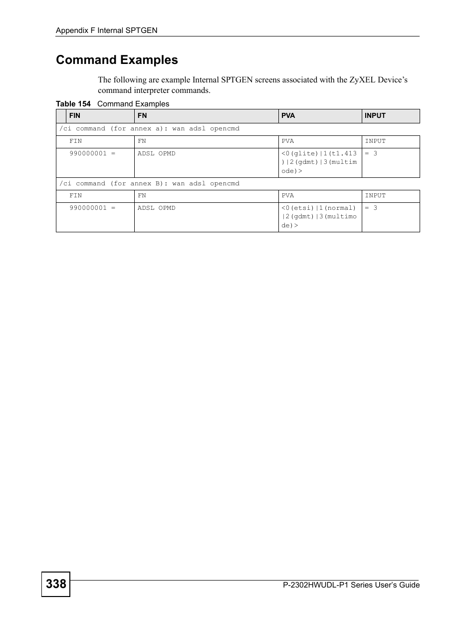 Table 154 command examples, 338 command examples | ZyXEL Communications Network Device P-2302 User Manual | Page 338 / 359