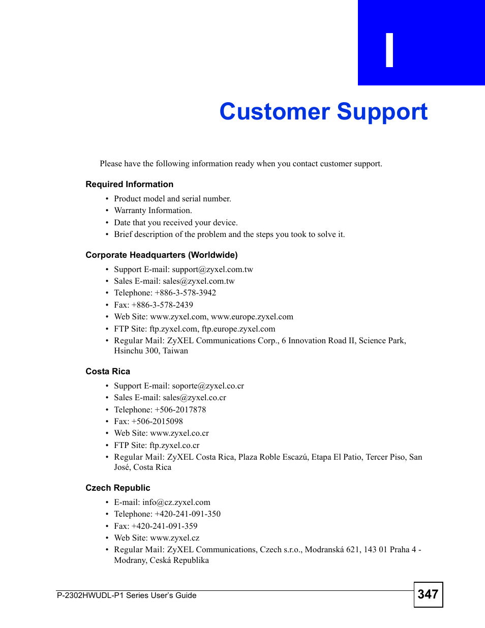 Customer support, Appendix i customer support, Customer support (347) | ZyXEL Communications Network Device P-2302 User Manual | Page 347 / 359