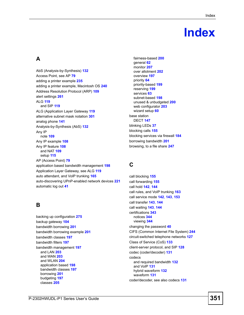 Index, Index (351) | ZyXEL Communications Network Device P-2302 User Manual | Page 351 / 359