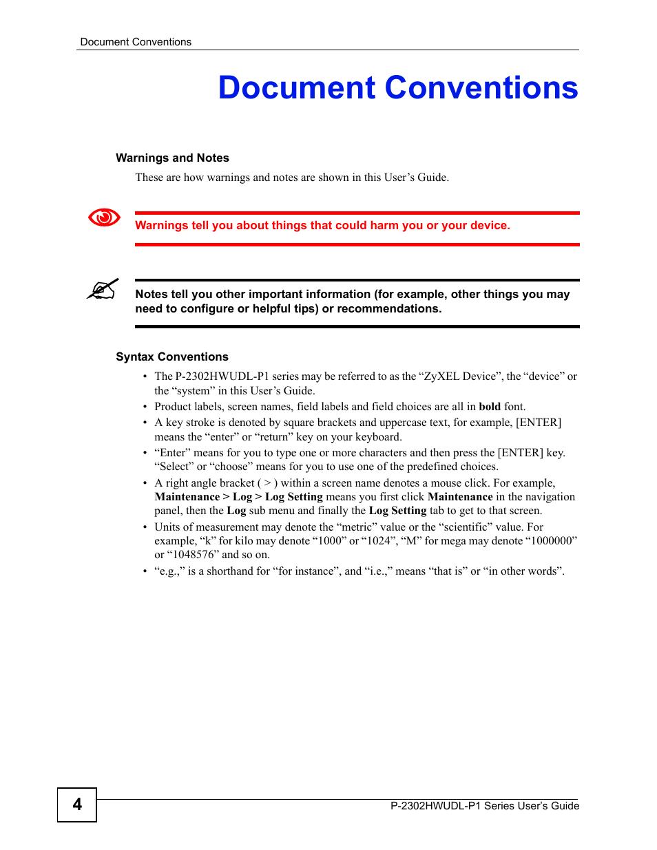 Document conventions | ZyXEL Communications Network Device P-2302 User Manual | Page 4 / 359