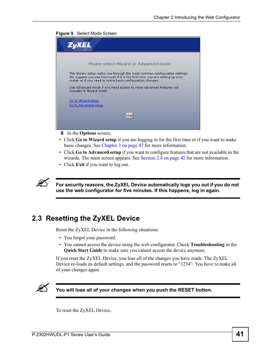 3 resetting the zyxel device, Figure 9 select mode screen | ZyXEL Communications Network Device P-2302 User Manual | Page 41 / 359