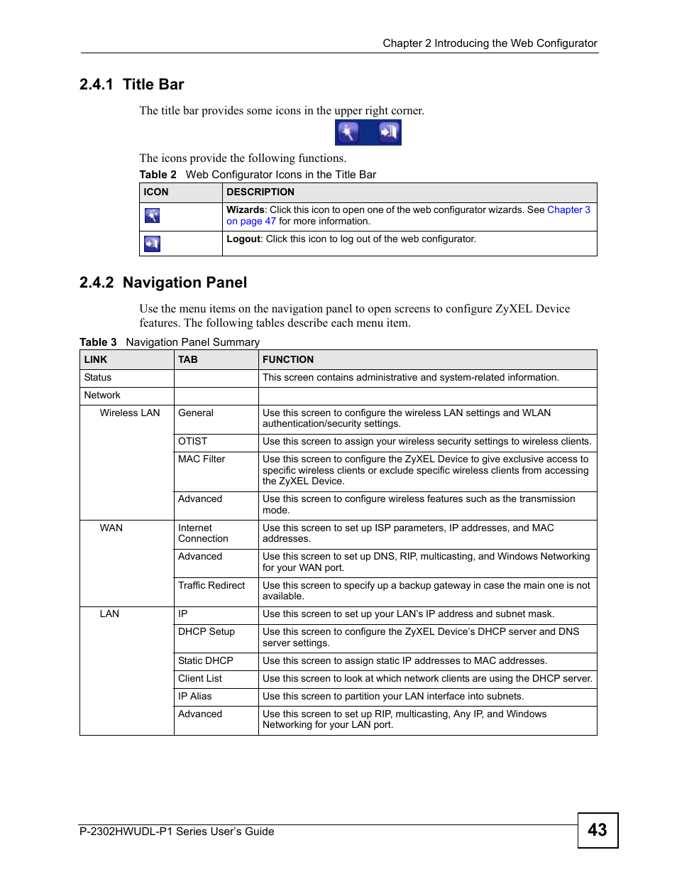 1 title bar, 2 navigation panel, 1 title bar 2.4.2 navigation panel | ZyXEL Communications Network Device P-2302 User Manual | Page 43 / 359