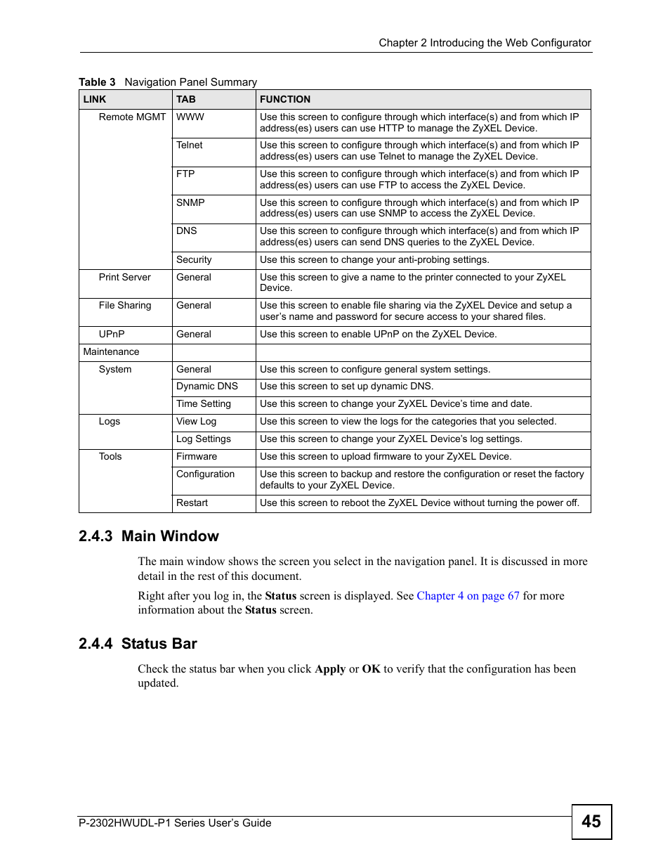 3 main window, 4 status bar, 3 main window 2.4.4 status bar | ZyXEL Communications Network Device P-2302 User Manual | Page 45 / 359