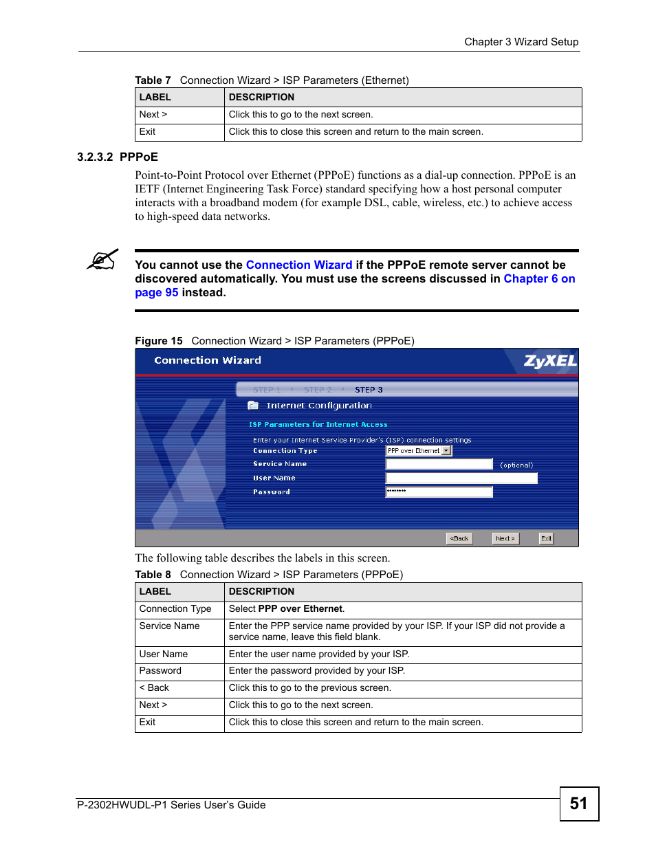 Table 8 connection wizard > isp parameters (pppoe) | ZyXEL Communications Network Device P-2302 User Manual | Page 51 / 359