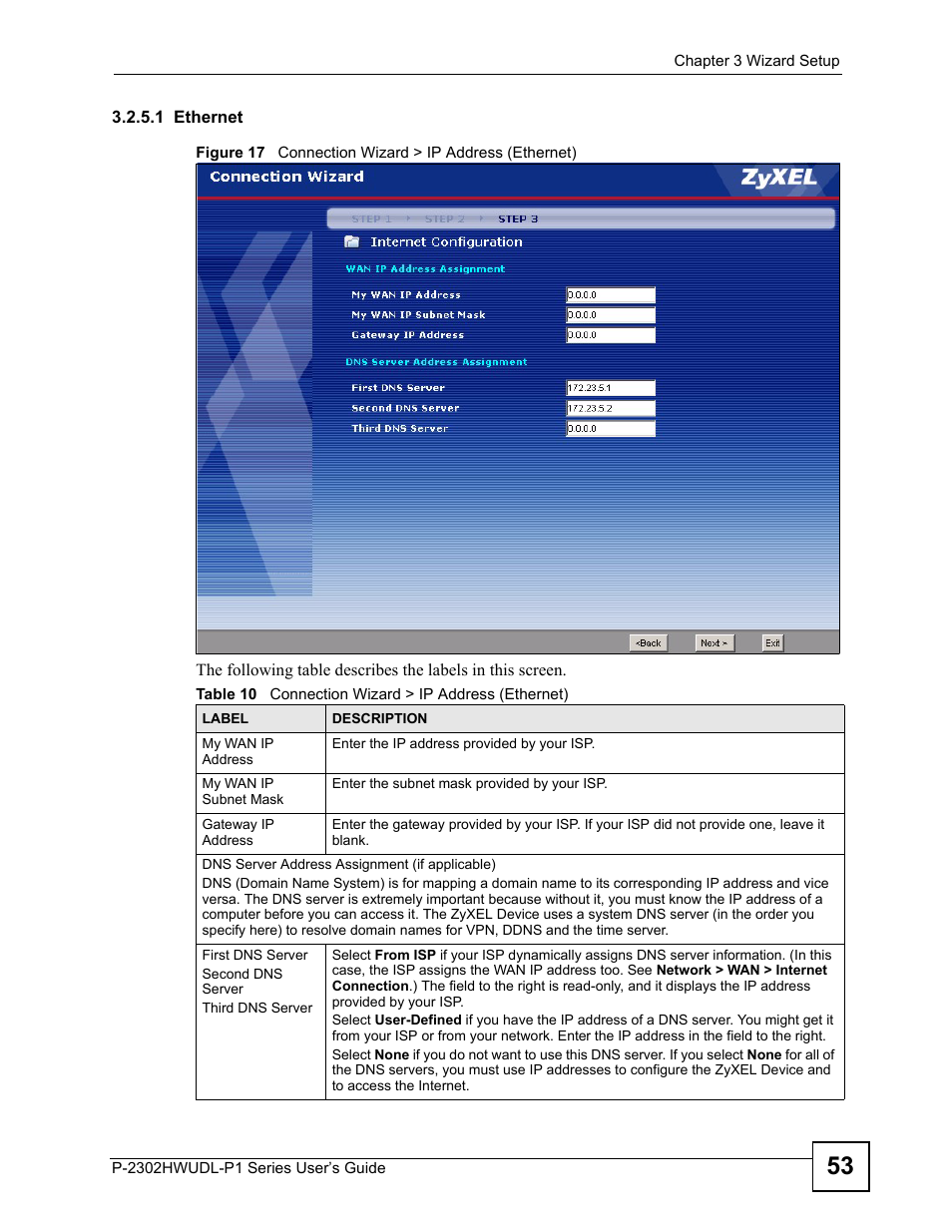 Table 10 connection wizard > ip address (ethernet) | ZyXEL Communications Network Device P-2302 User Manual | Page 53 / 359