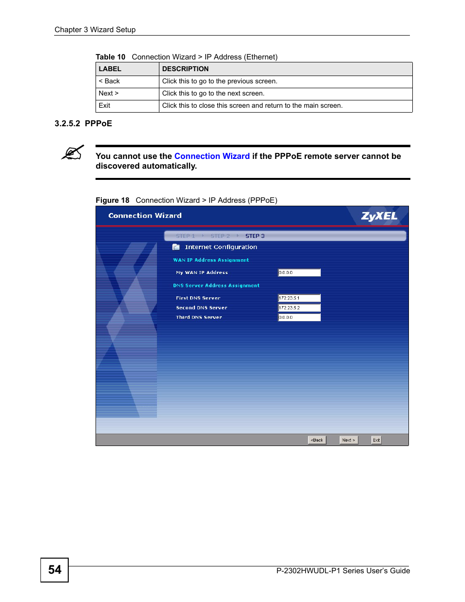 Figure 18 connection wizard > ip address (pppoe) | ZyXEL Communications Network Device P-2302 User Manual | Page 54 / 359