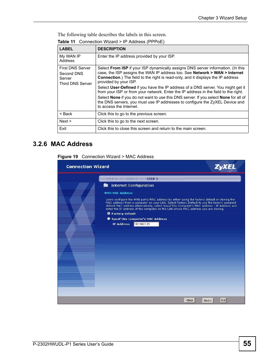 6 mac address, Figure 19 connection wizard > mac address, Table 11 connection wizard > ip address (pppoe) | ZyXEL Communications Network Device P-2302 User Manual | Page 55 / 359