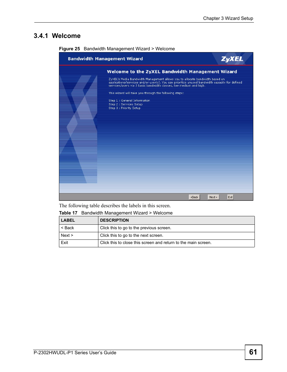 1 welcome, Figure 25 bandwidth management wizard > welcome, Table 17 bandwidth management wizard > welcome | ZyXEL Communications Network Device P-2302 User Manual | Page 61 / 359