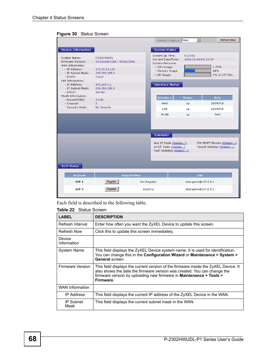 Figure 30 status screen, Table 22 status screen | ZyXEL Communications Network Device P-2302 User Manual | Page 68 / 359