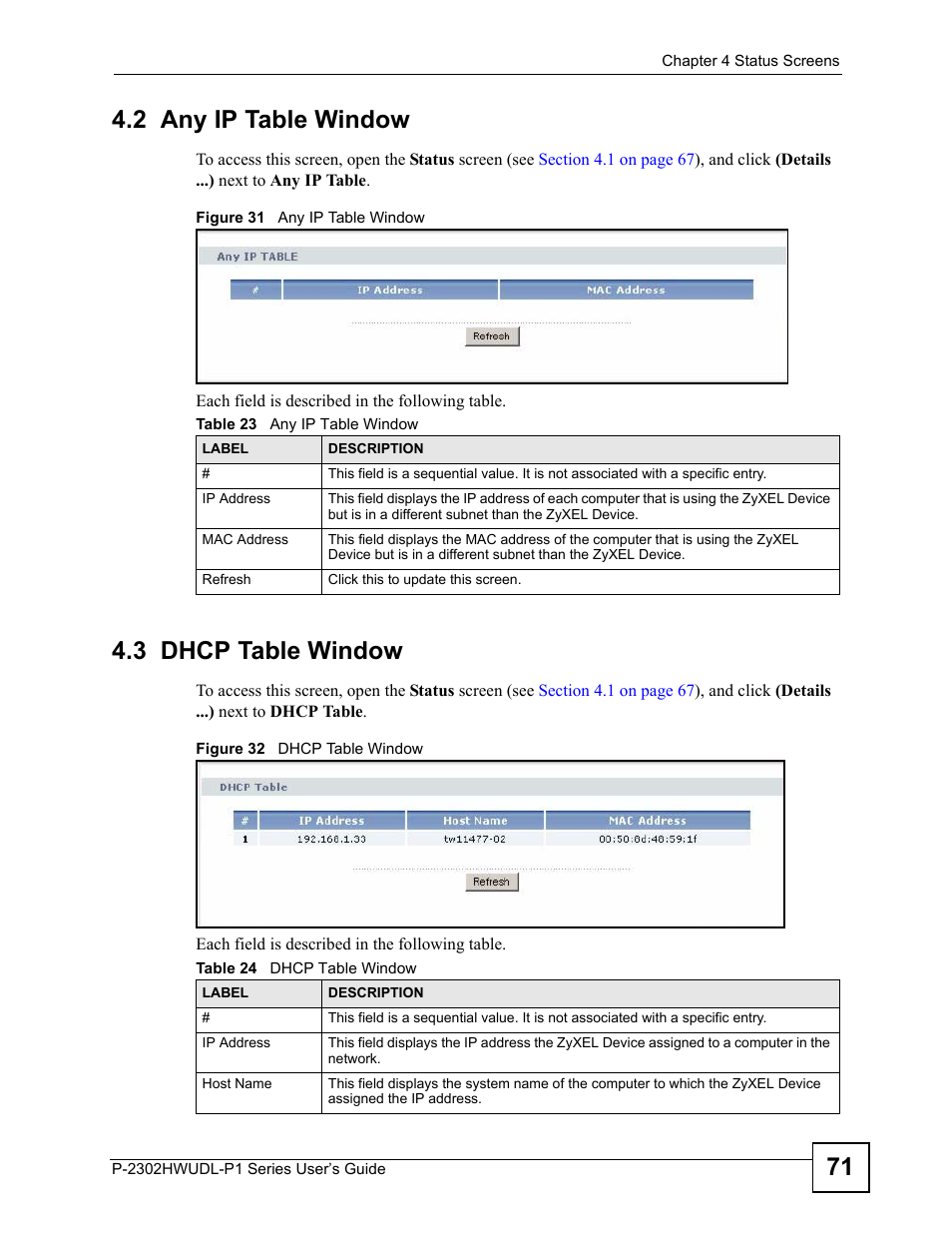 2 any ip table window, 3 dhcp table window, 2 any ip table window 4.3 dhcp table window | 71 4.2 any ip table window | ZyXEL Communications Network Device P-2302 User Manual | Page 71 / 359