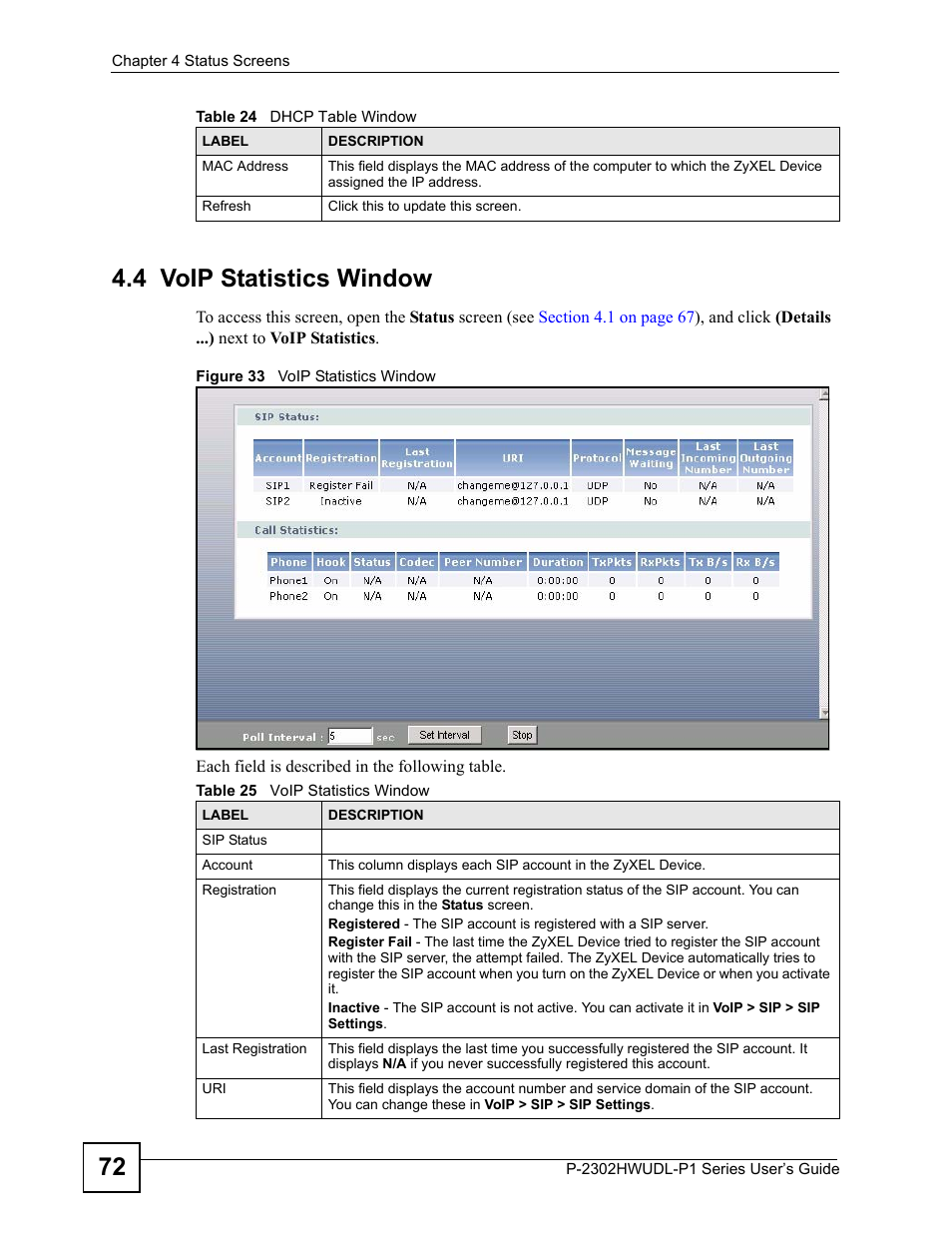 4 voip statistics window, Figure 33 voip statistics window, Table 25 voip statistics window | 72 4.4 voip statistics window | ZyXEL Communications Network Device P-2302 User Manual | Page 72 / 359