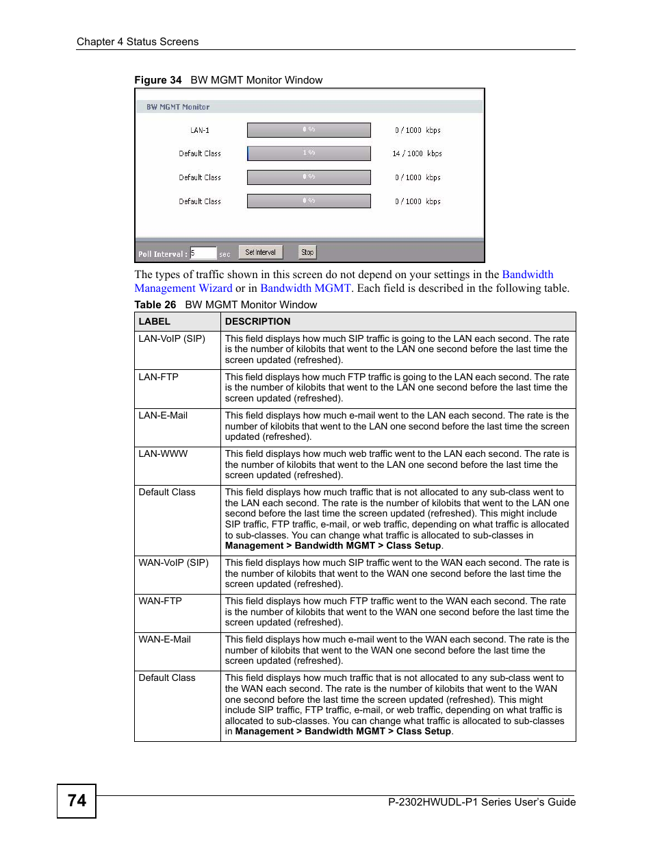 Figure 34 bw mgmt monitor window, Table 26 bw mgmt monitor window | ZyXEL Communications Network Device P-2302 User Manual | Page 74 / 359