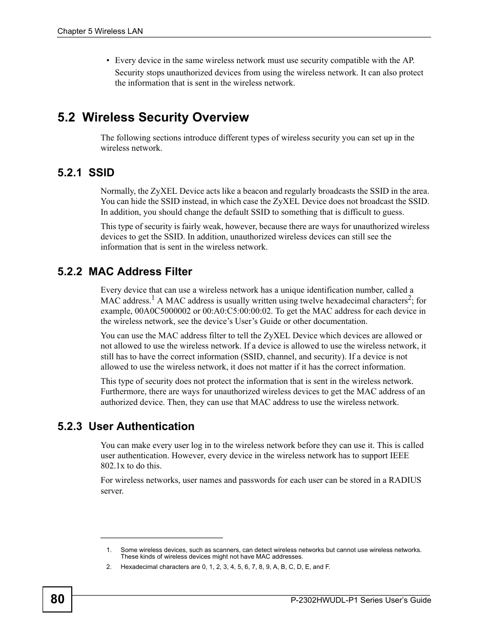 2 wireless security overview, 1 ssid, 2 mac address filter | 3 user authentication | ZyXEL Communications Network Device P-2302 User Manual | Page 80 / 359