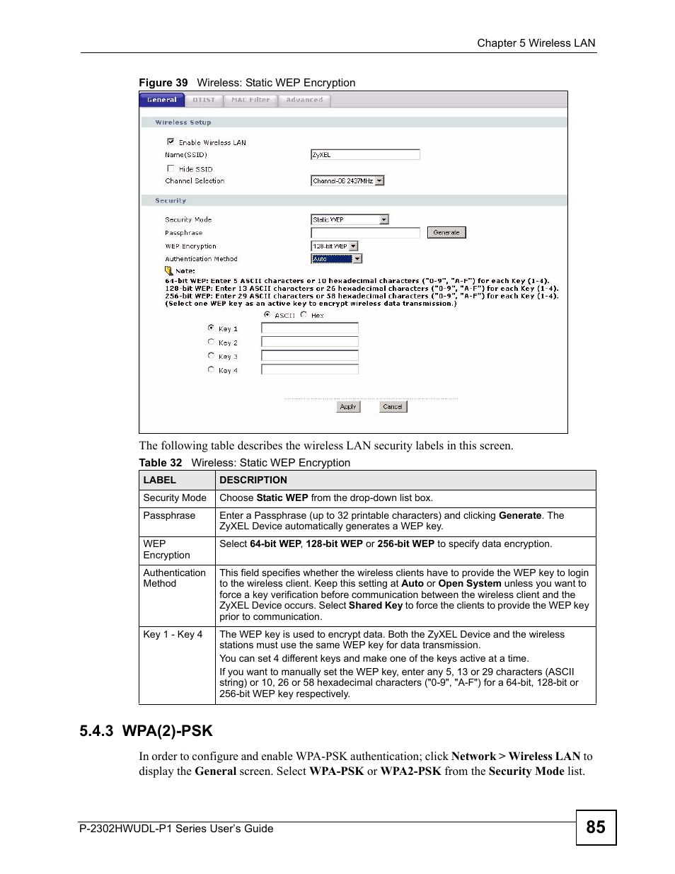 3 wpa(2)-psk, Figure 39 wireless: static wep encryption, Table 32 wireless: static wep encryption | ZyXEL Communications Network Device P-2302 User Manual | Page 85 / 359