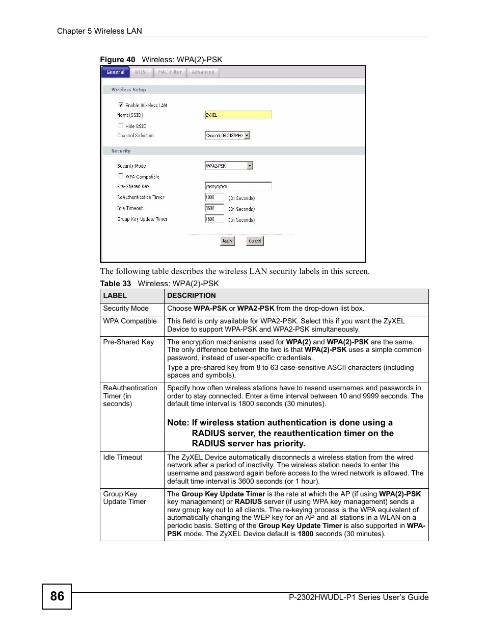 Figure 40 wireless: wpa(2)-psk, Table 33 wireless: wpa(2)-psk | ZyXEL Communications Network Device P-2302 User Manual | Page 86 / 359