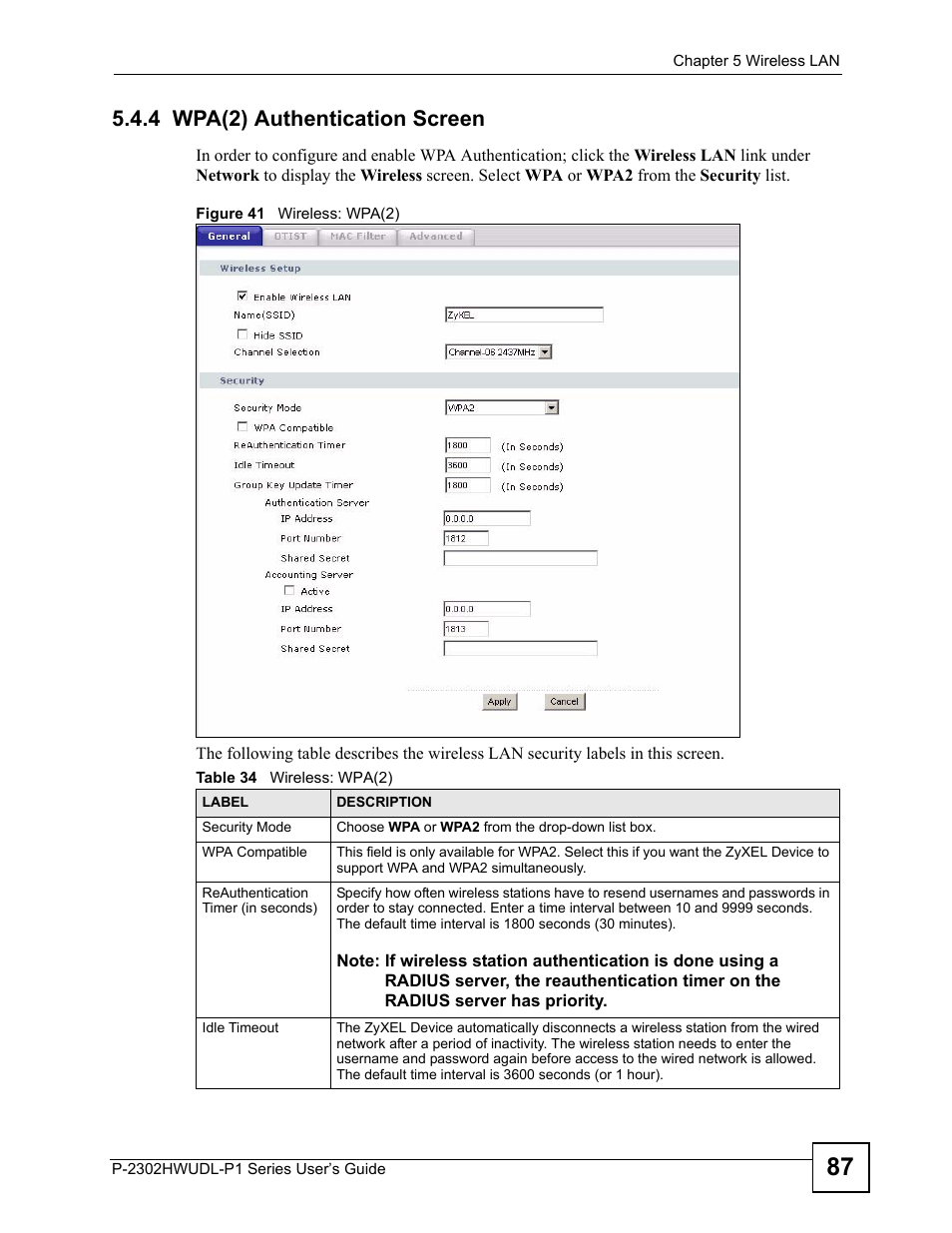 4 wpa(2) authentication screen, Figure 41 wireless: wpa(2), Table 34 wireless: wpa(2) | ZyXEL Communications Network Device P-2302 User Manual | Page 87 / 359