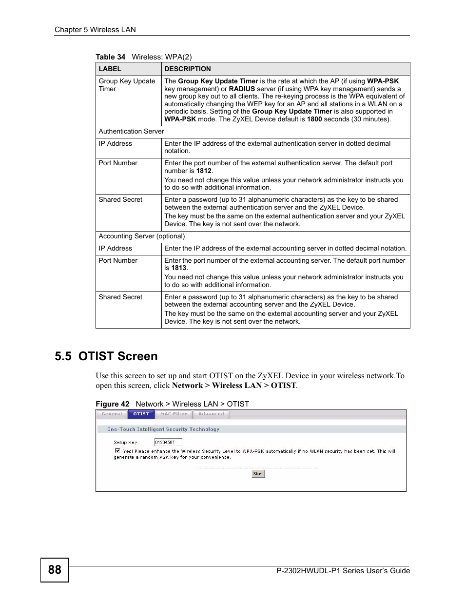 5 otist screen, Figure 42 network > wireless lan > otist, 88 5.5 otist screen | ZyXEL Communications Network Device P-2302 User Manual | Page 88 / 359