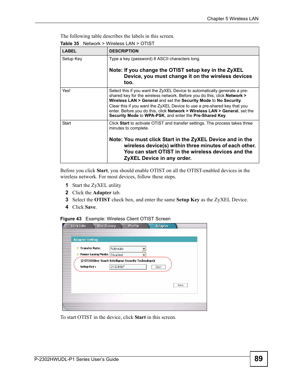 Figure 43 example: wireless client otist screen, Table 35 network > wireless lan > otist | ZyXEL Communications Network Device P-2302 User Manual | Page 89 / 359