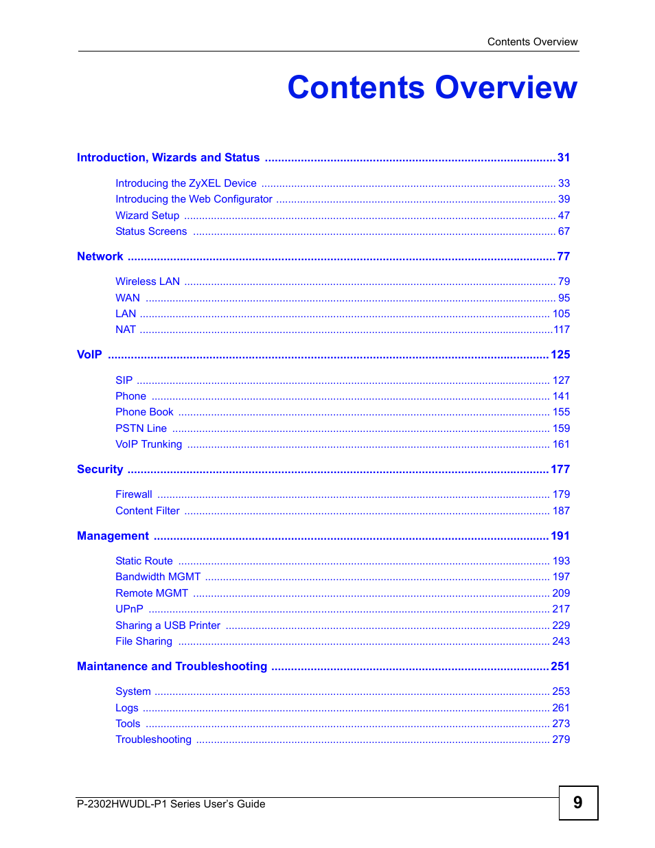 Contents overview | ZyXEL Communications Network Device P-2302 User Manual | Page 9 / 359