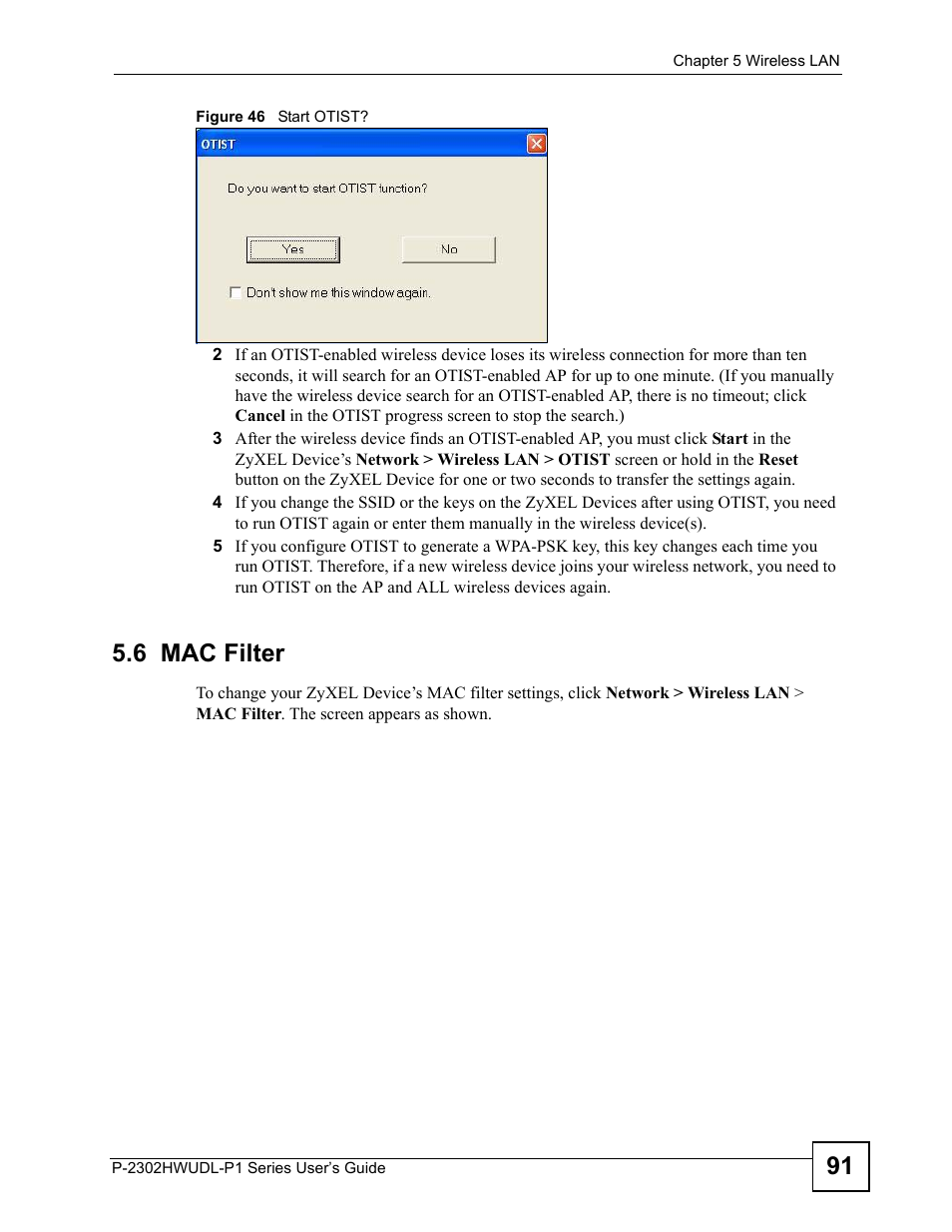 6 mac filter, Figure 46 start otist | ZyXEL Communications Network Device P-2302 User Manual | Page 91 / 359