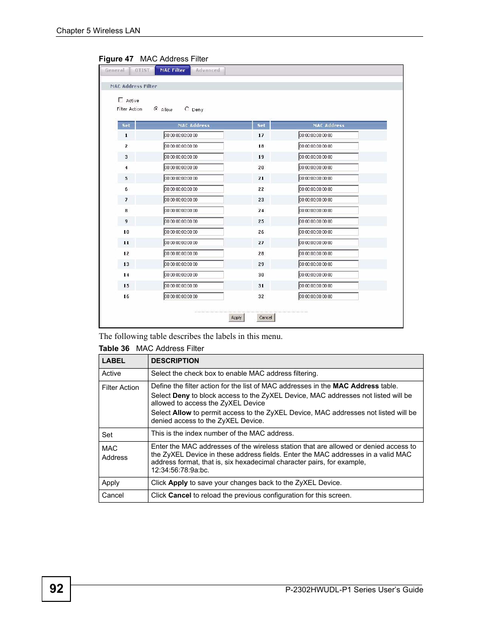 Figure 47 mac address filter, Table 36 mac address filter | ZyXEL Communications Network Device P-2302 User Manual | Page 92 / 359