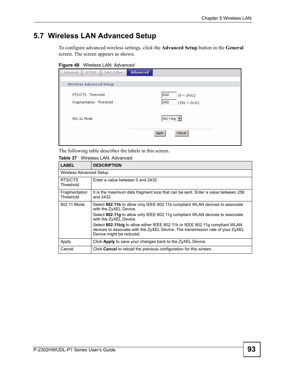 7 wireless lan advanced setup, Figure 48 wireless lan: advanced, Table 37 wireless lan: advanced | 93 5.7 wireless lan advanced setup | ZyXEL Communications Network Device P-2302 User Manual | Page 93 / 359