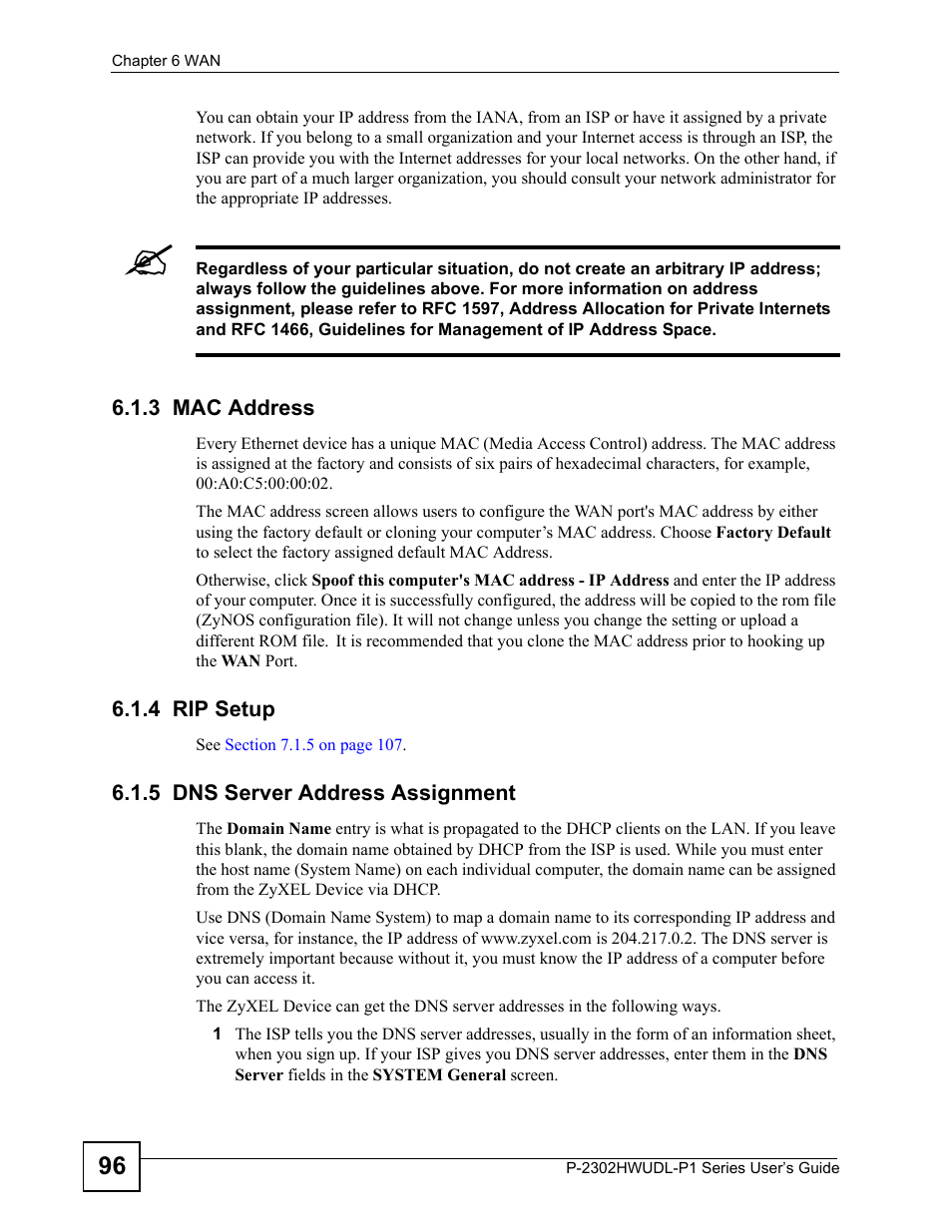 3 mac address, 4 rip setup, 5 dns server address assignment | ZyXEL Communications Network Device P-2302 User Manual | Page 96 / 359