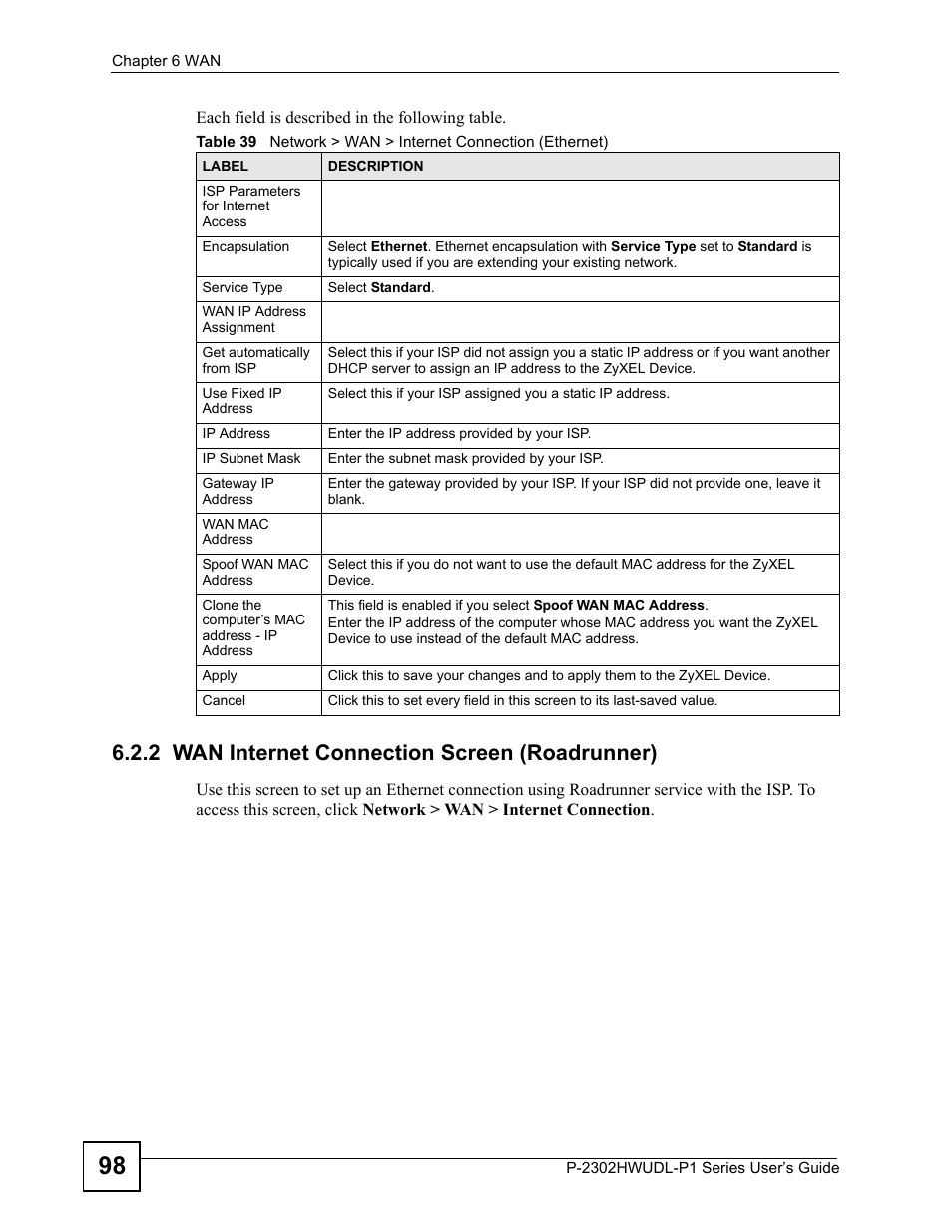 2 wan internet connection screen (roadrunner) | ZyXEL Communications Network Device P-2302 User Manual | Page 98 / 359