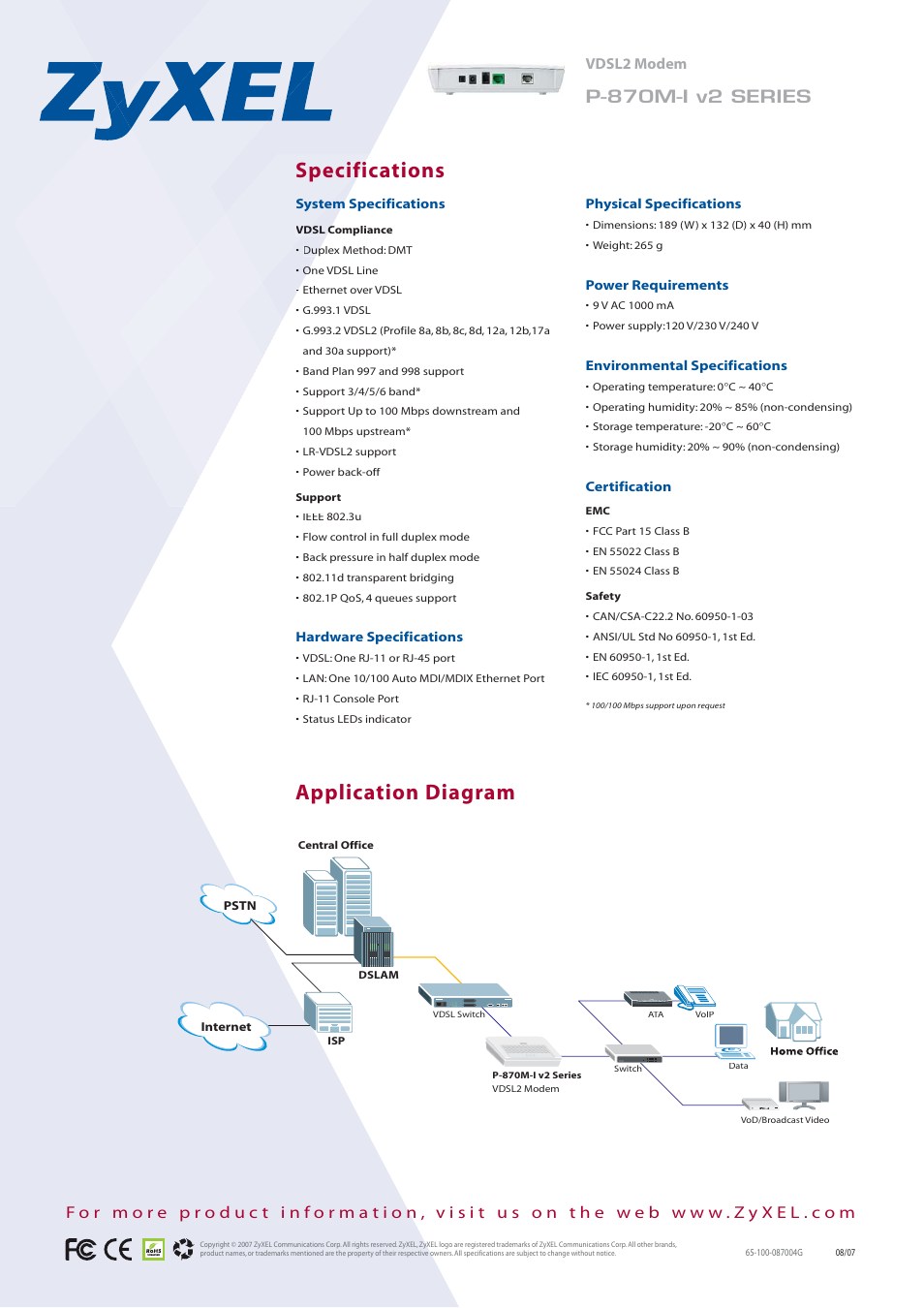 Specifications application diagram, P-870m-i v2 series, Vdsl2 modem | ZyXEL Communications P-870M-I User Manual | Page 2 / 2