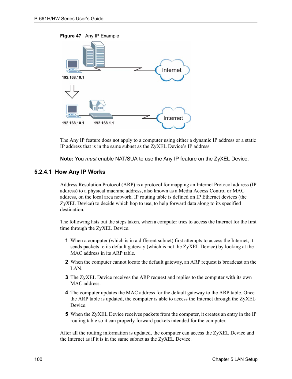 1 how any ip works, Figure 47 any ip example | ZyXEL Communications P-661H Series User Manual | Page 100 / 383