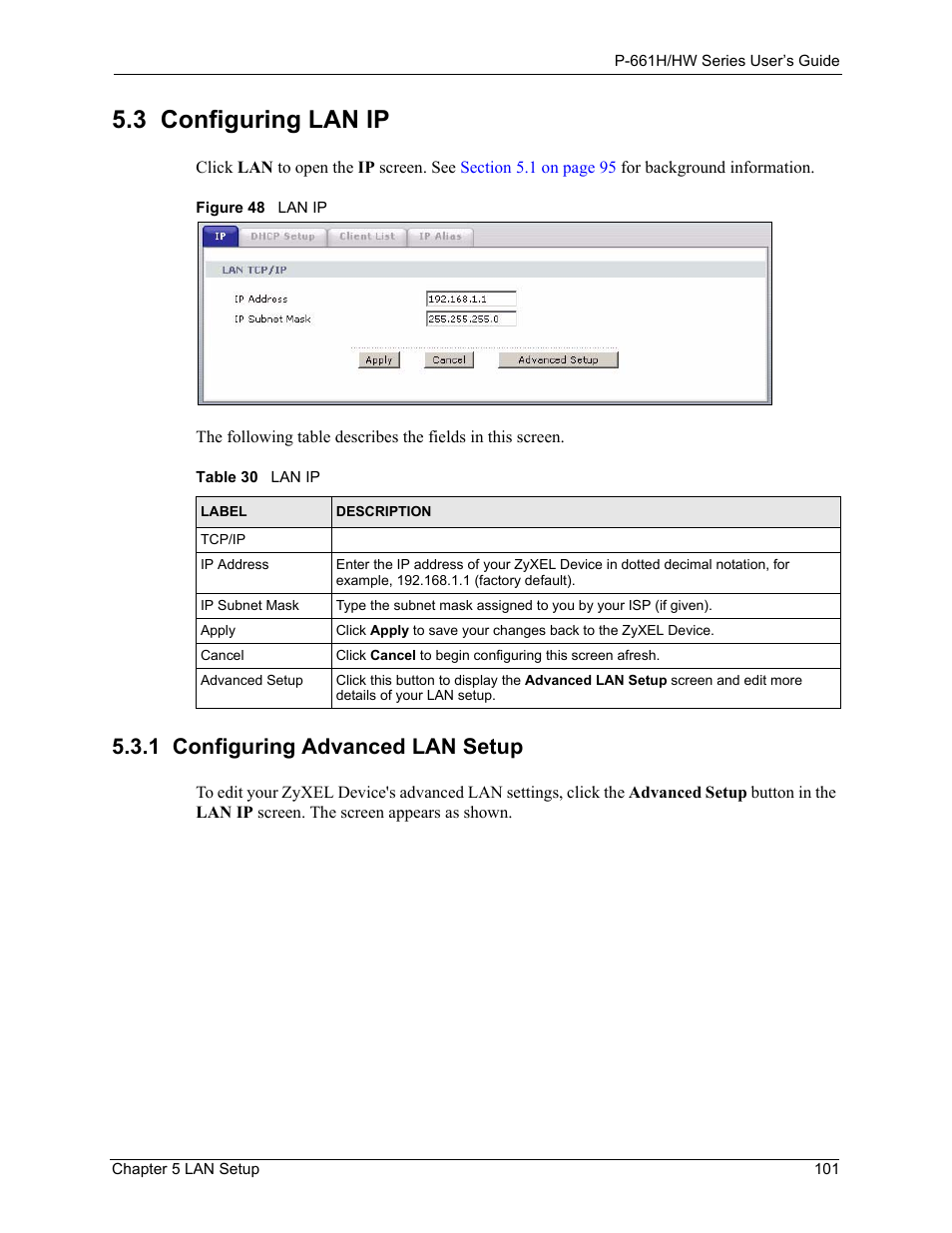 3 configuring lan ip, 1 configuring advanced lan setup, Figure 48 lan ip | Table 30 lan ip | ZyXEL Communications P-661H Series User Manual | Page 101 / 383