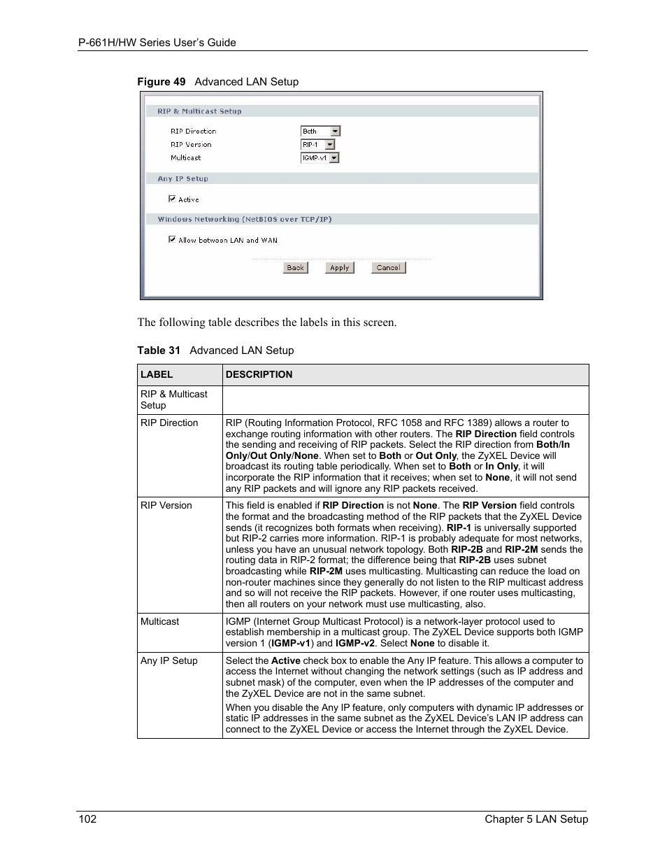 Figure 49 advanced lan setup, Table 31 advanced lan setup | ZyXEL Communications P-661H Series User Manual | Page 102 / 383