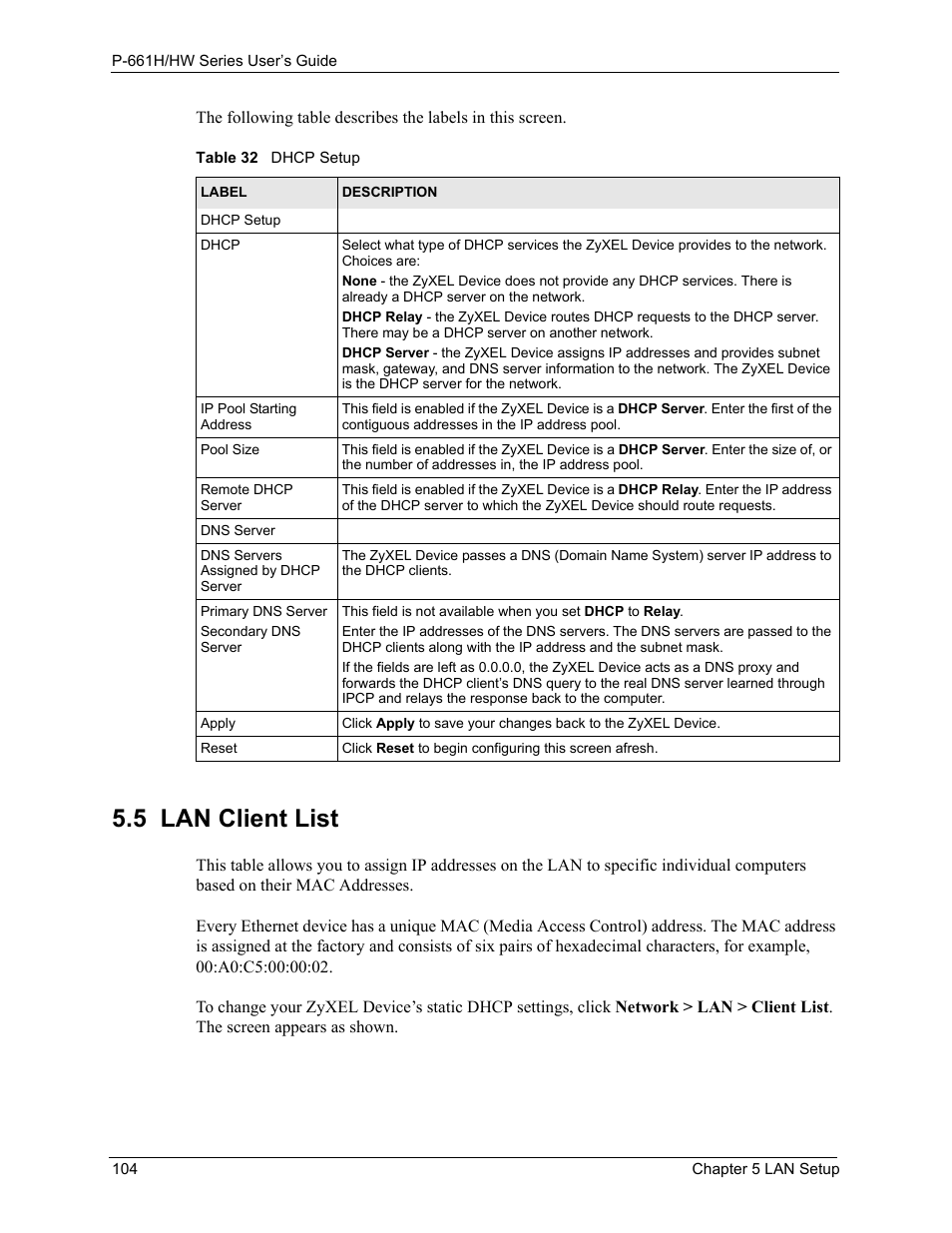 5 lan client list, Table 32 dhcp setup | ZyXEL Communications P-661H Series User Manual | Page 104 / 383
