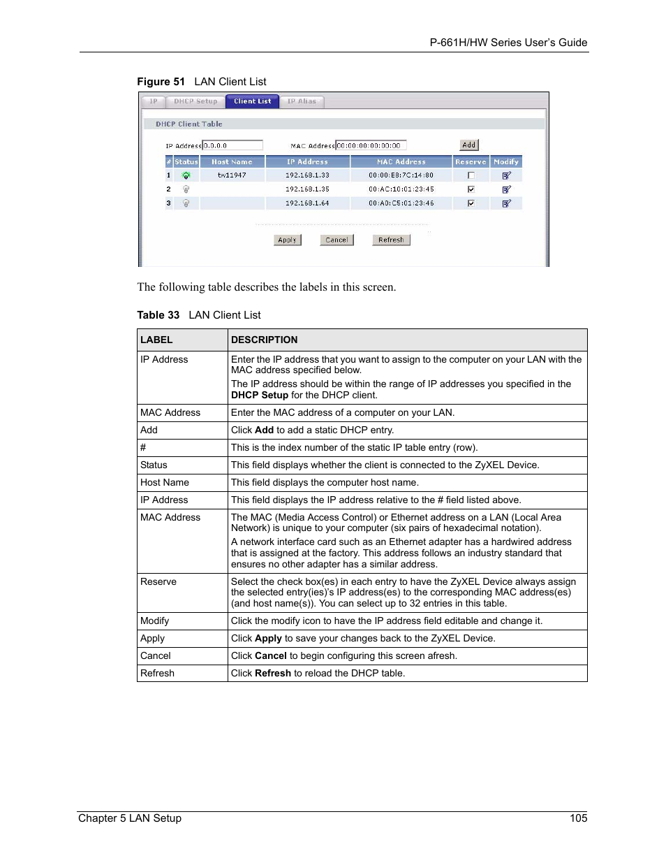 Figure 51 lan client list, Table 33 lan client list | ZyXEL Communications P-661H Series User Manual | Page 105 / 383