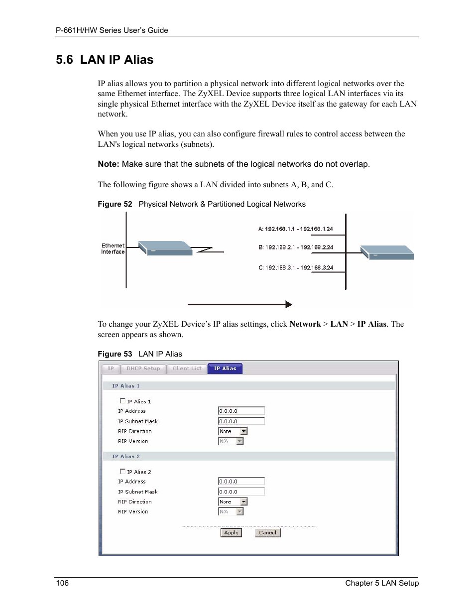 6 lan ip alias | ZyXEL Communications P-661H Series User Manual | Page 106 / 383