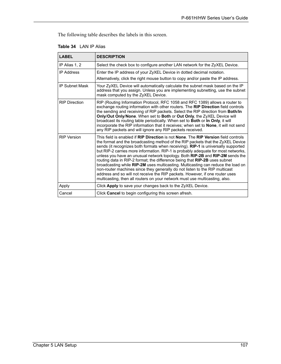 Table 34 lan ip alias | ZyXEL Communications P-661H Series User Manual | Page 107 / 383