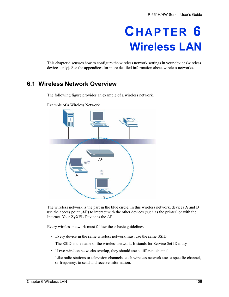 Wireless lan, 1 wireless network overview, Chapter 6 wireless lan | ZyXEL Communications P-661H Series User Manual | Page 109 / 383