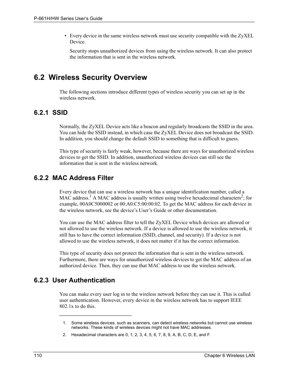 2 wireless security overview, 1 ssid, 2 mac address filter | 3 user authentication | ZyXEL Communications P-661H Series User Manual | Page 110 / 383