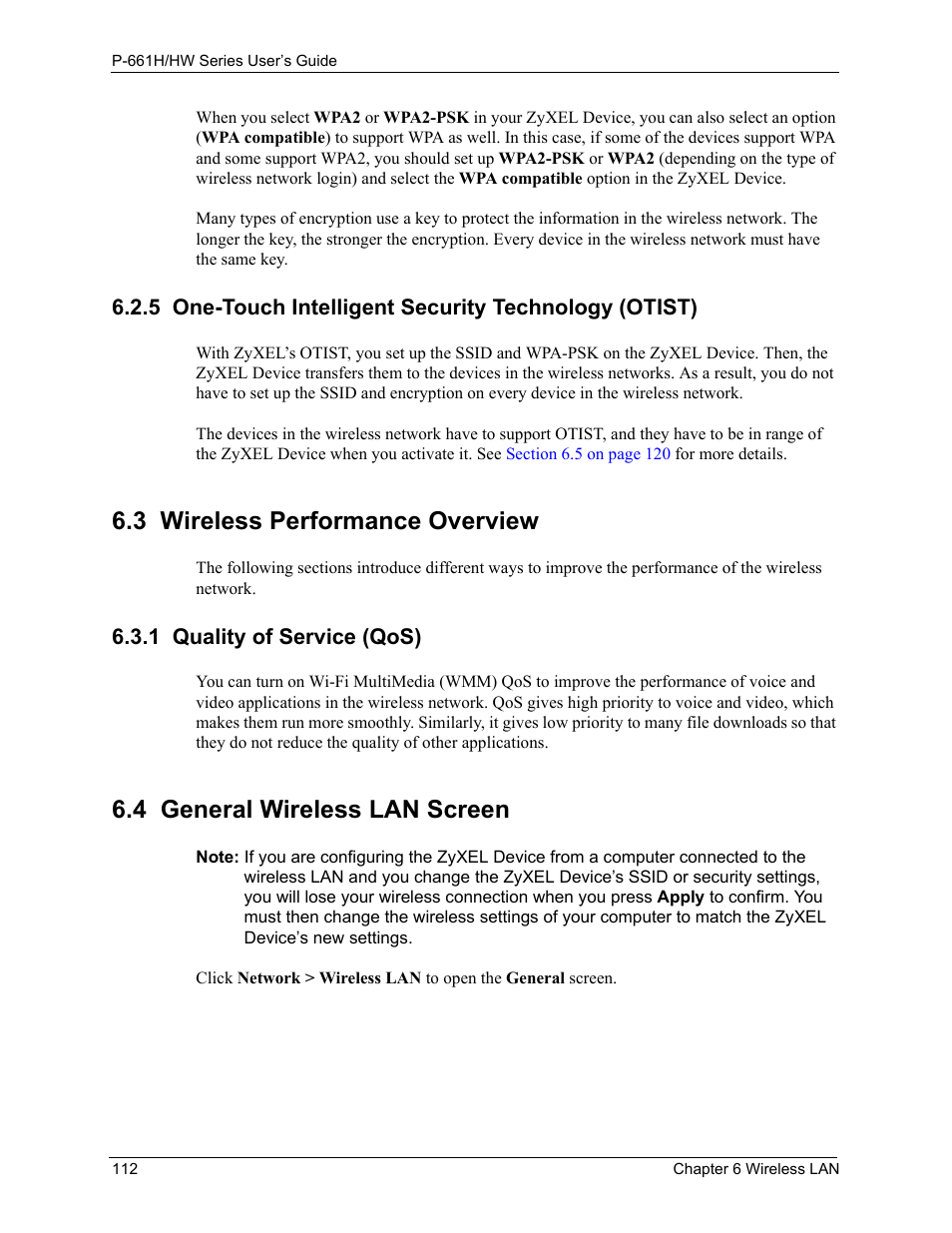 3 wireless performance overview, 1 quality of service (qos), 4 general wireless lan screen | ZyXEL Communications P-661H Series User Manual | Page 112 / 383