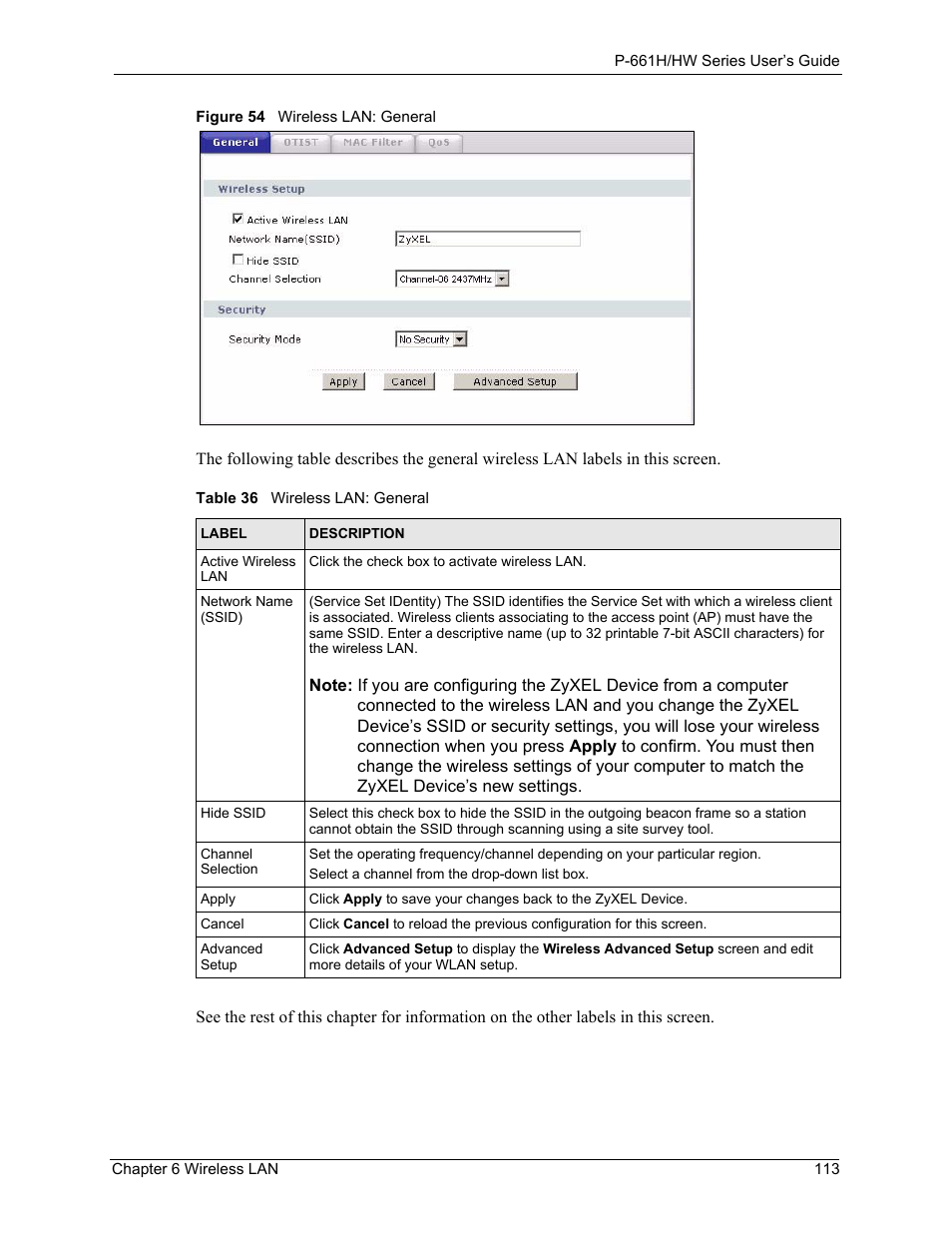 Figure 54 wireless lan: general, Table 36 wireless lan: general | ZyXEL Communications P-661H Series User Manual | Page 113 / 383